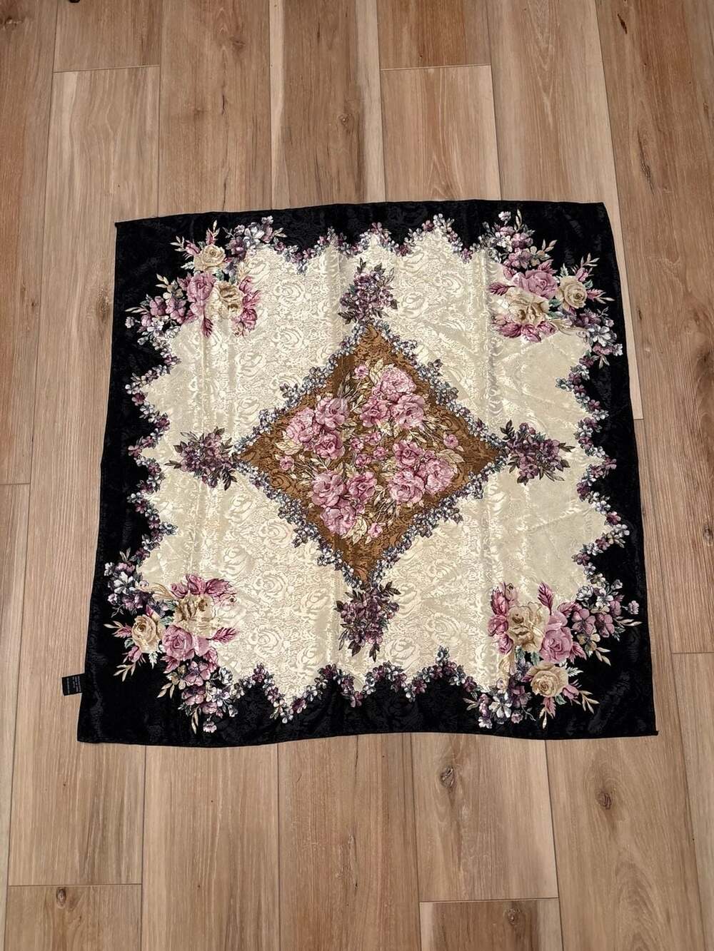 Vintage Floral Silk Scarf Black Cream Rose Print Square Neck Wrap